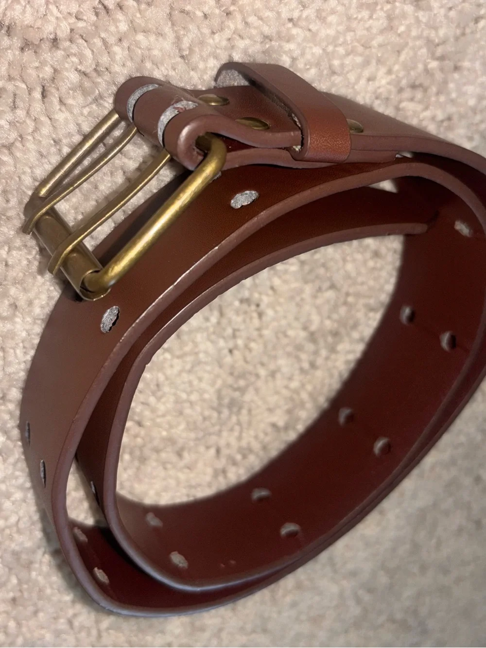 Vintage Brown Leather Double Prong Roller Buckle Belt Grommet Hole 34 36